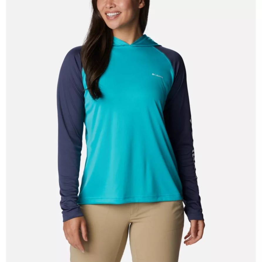 Fork Stream Langarm-Hoodie Für Damen Columbia Helles Aqua/nächtliches/weißes Logo