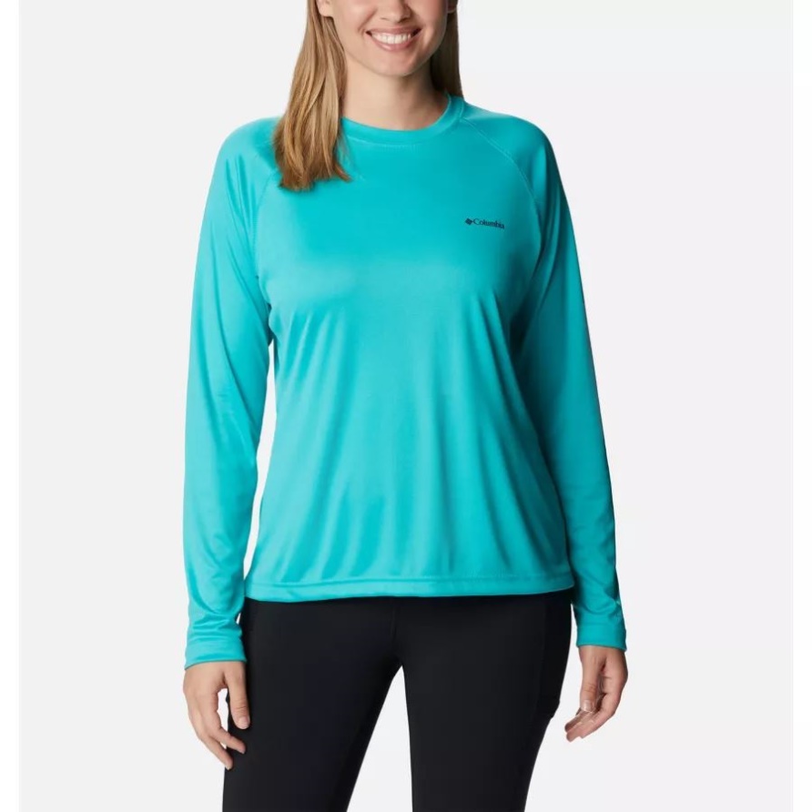 Gabelstrom-Langarmshirt Für Frauen Columbia, Helles Aqua/nächtliche Grafik