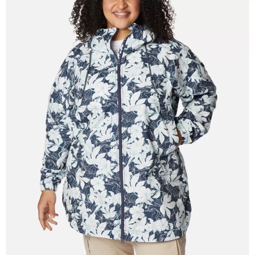 Lange Damenjacke Mit Kleinen Feldern, Übergröße, Nächtlicher Seeufer-Blumendruck, Kolumbien