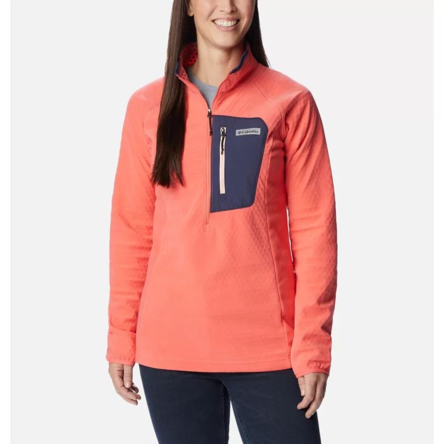 Damen-Outdoor-Tracks-Fleecepullover Mit Halbem Reißverschluss Blush Pink/Peach Blossom Columbia
