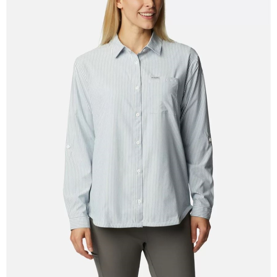 Pfg Sun Drifter Gewebtes Langarmhemd Für Damen Columbia Carbon/oxford Stripe