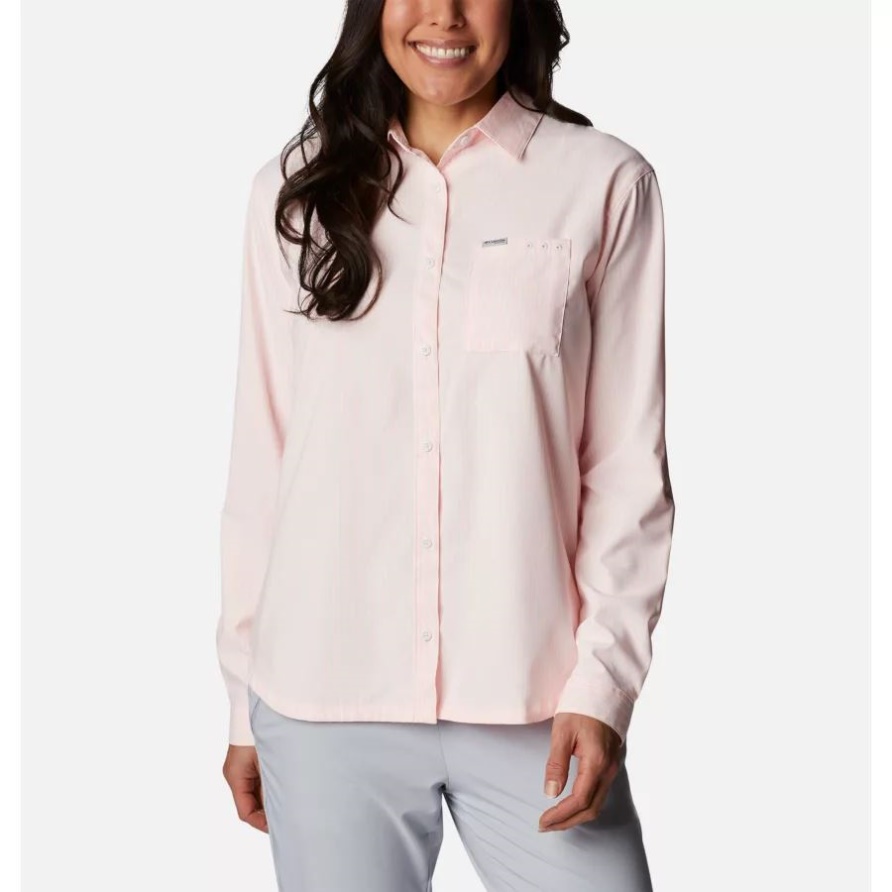 Pfg Sun Drifter Gewebtes Langarmhemd Für Damen Tiki Pink/oxford Stripe Columbia
