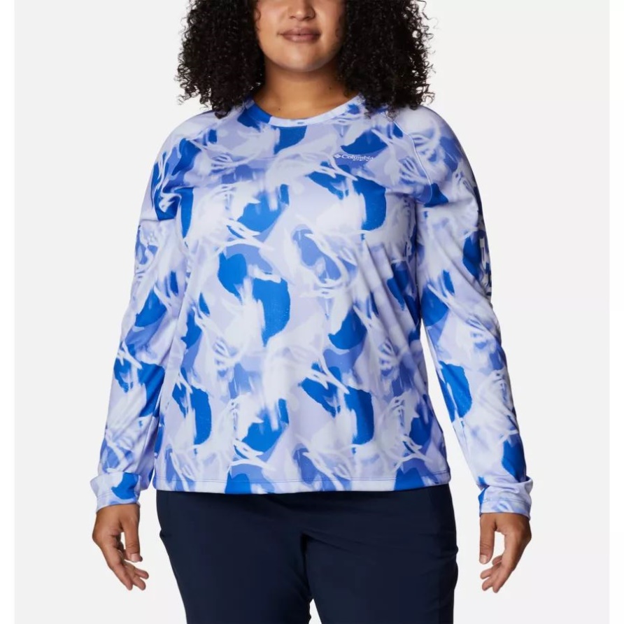 Pfg Super Tidal Tee Ii Langärmliges Hemd Für Damen Plus Größe Kolumbienblauer Ara/aurora-druck