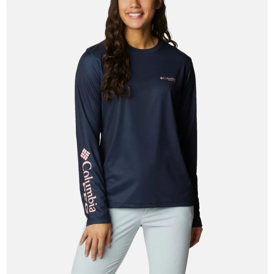 Langärmliges Pfg-tidal-t-shirt Für Frauen Sailfish Flair Collegiate Navy/tiki Pink Pfg Camo Columbia