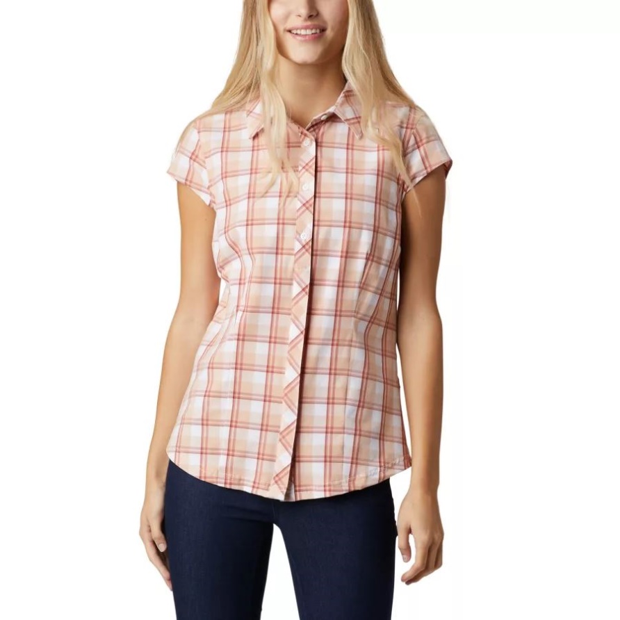 Damen-saturday Trail Ii Stretch-kurzarmshirt Columbia Dark Coral Medium Grid