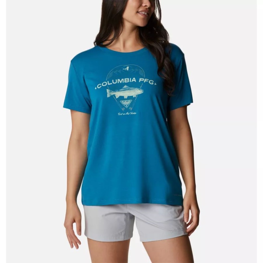 Damen-Kurzarmshirt Mit Slack-Water-Grafik Deep Marine/Trout Columbia