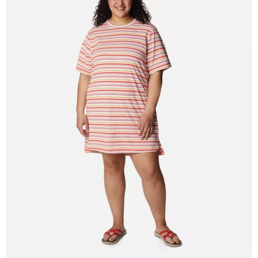Sun Trek T-Shirt-Kleid Für Damen In Übergröße Columbia Red Hibiscus Climate Change Stripe