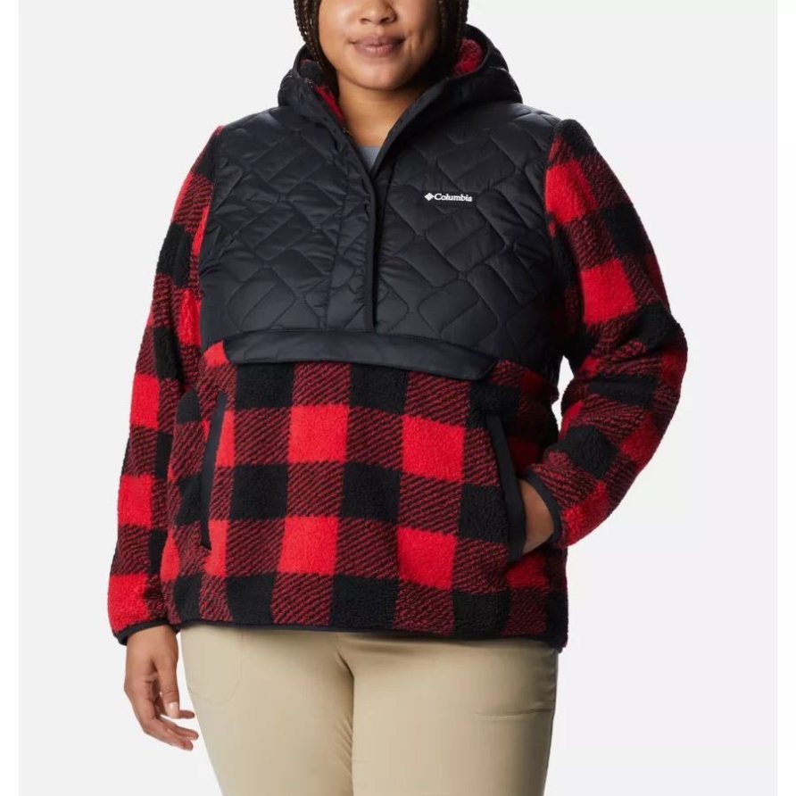 Damen-Sweatview-Fleecepullover Mit Kapuze Plus Schwarz/rotes Lilienmuster Columbia