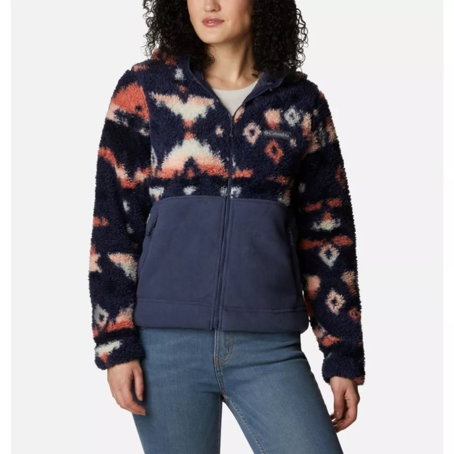 Sherpa-Fleecejacke Mit Durchgehendem Reißverschluss Und Kapuze Für Damen, Nächtlicher Rockiger Mt-Druck/nächtliche Kolumbien